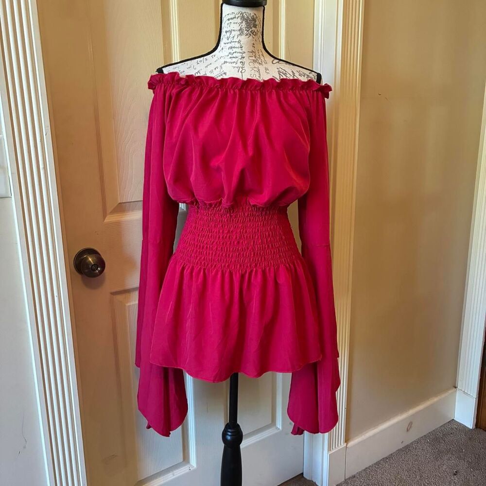 Whimsigoth Vampy Renaissance Red Off-The-Shoulder Smocked Top w/Flare Sleeves